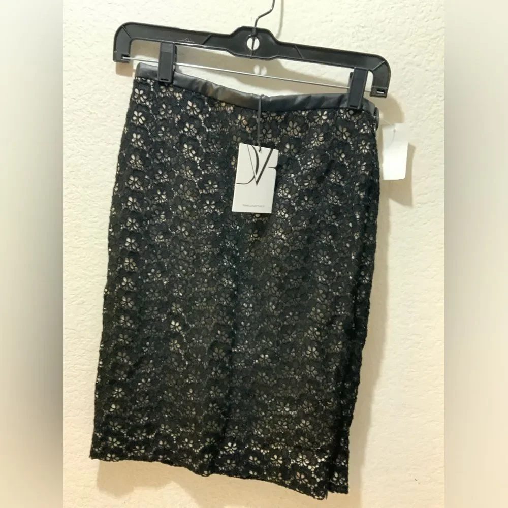 Diane Von Furstenberg Stevie Acorn Lace Faux Leather Trim Zip Slits Pencil Skirt